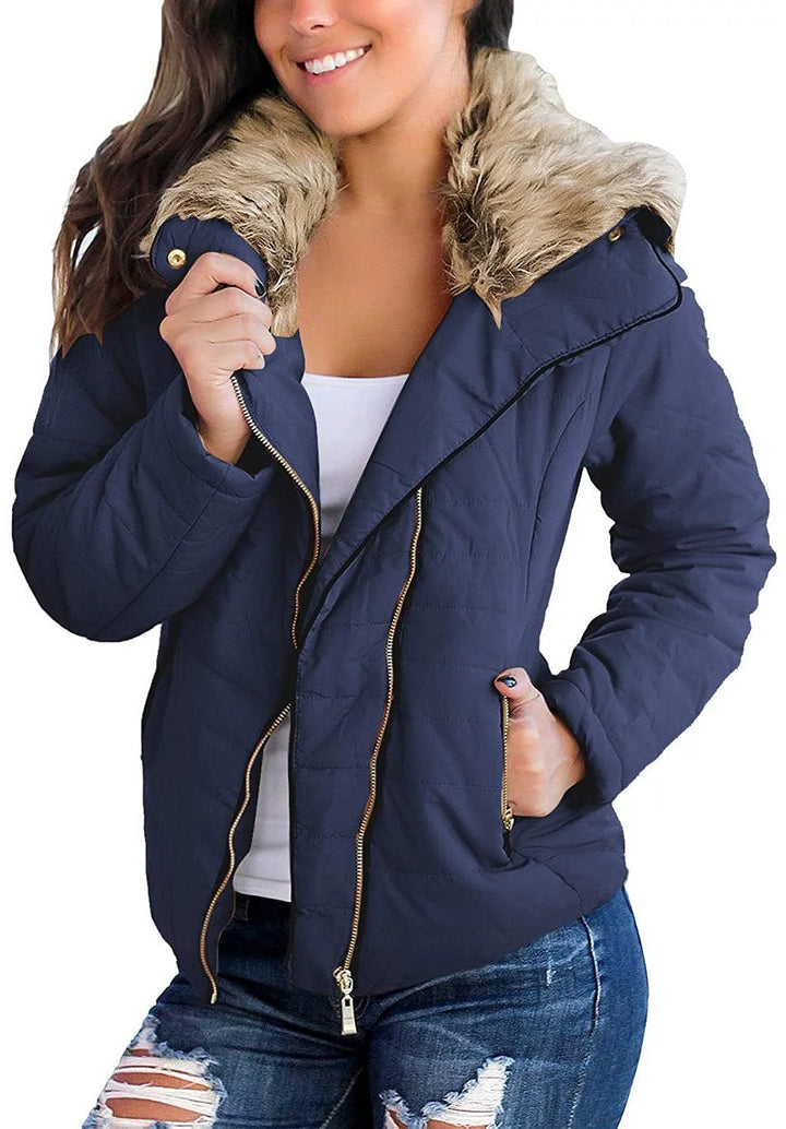 Women Parka Coat Pockets Quilted Puffer Jacket with Faux Fur Lapel, Size S-2XL