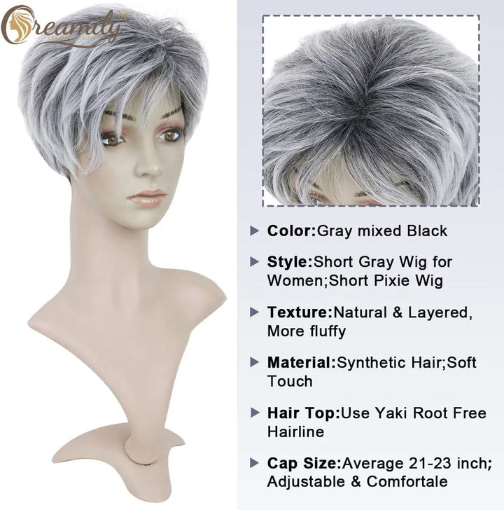 Grey Short Wigs for Black Women Layered Short Pixie Cut Wigs with Bangs Synthetic Grey Wigs Wefted Wig Cap