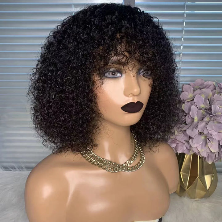 Jerry Curly Bob Cut 100% Human Hair Wigs with Bangs Adjustable Non Lace Wigs for Women