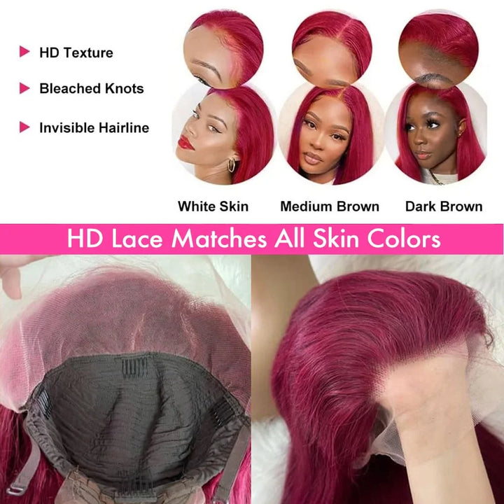 SOSATISFY Straight 99J Burgundy Lace Front Wigs Human Hair 13X4 Glueless HD Transparent Red Wig Human Hair Lace Front 180% Density Colored Wigs for Women Pre Plucked with Baby Hair (22 Inch)