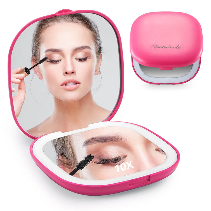 Mirror Travel Makeup with Lights 10X Magnifying Handheld Portable Mirror for Home Rose